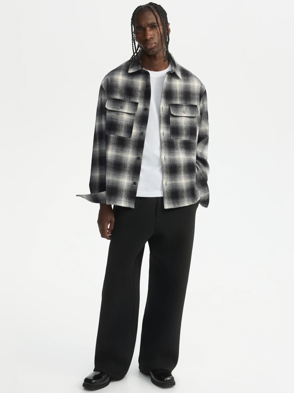 H&M Black and White Plaid Button-Down Shirt Jacket